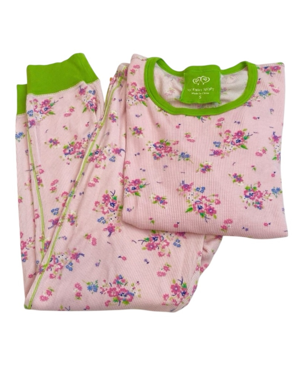 Y2K Victoria’s Secret Thermal Pink Floral Vintage Waffle  PJs Pajama Set 2 PC S